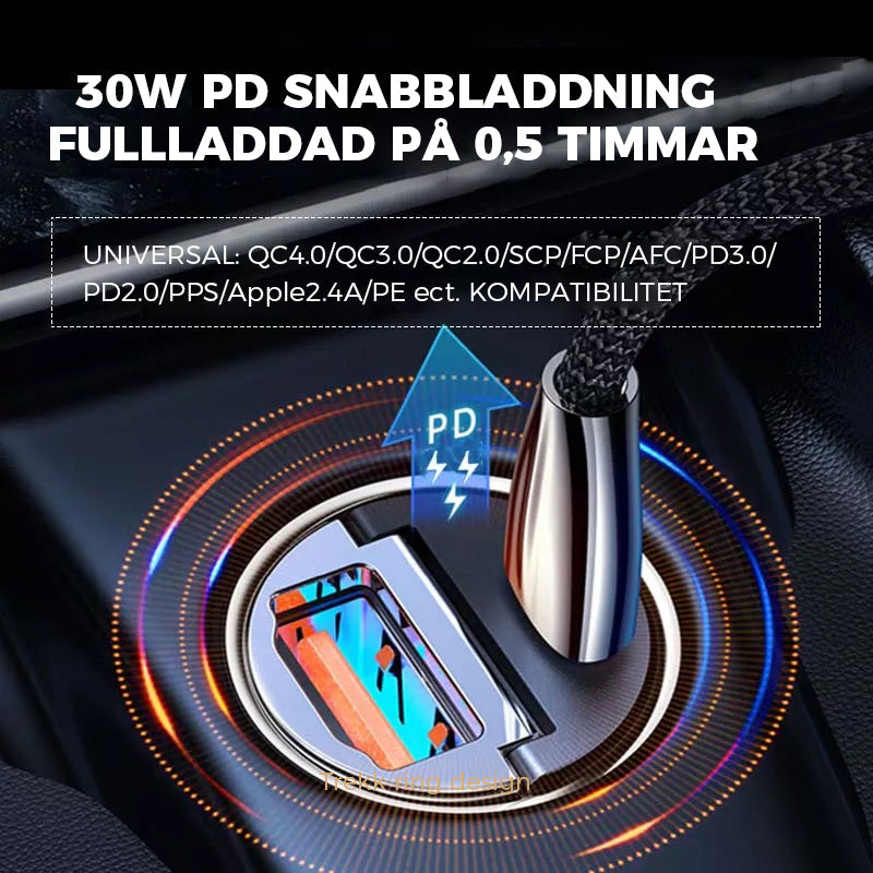 "Mini biladapter zinklegering, dubbel USB-port, snabbladdning, diskret design, passar de flesta enheter i bilen."