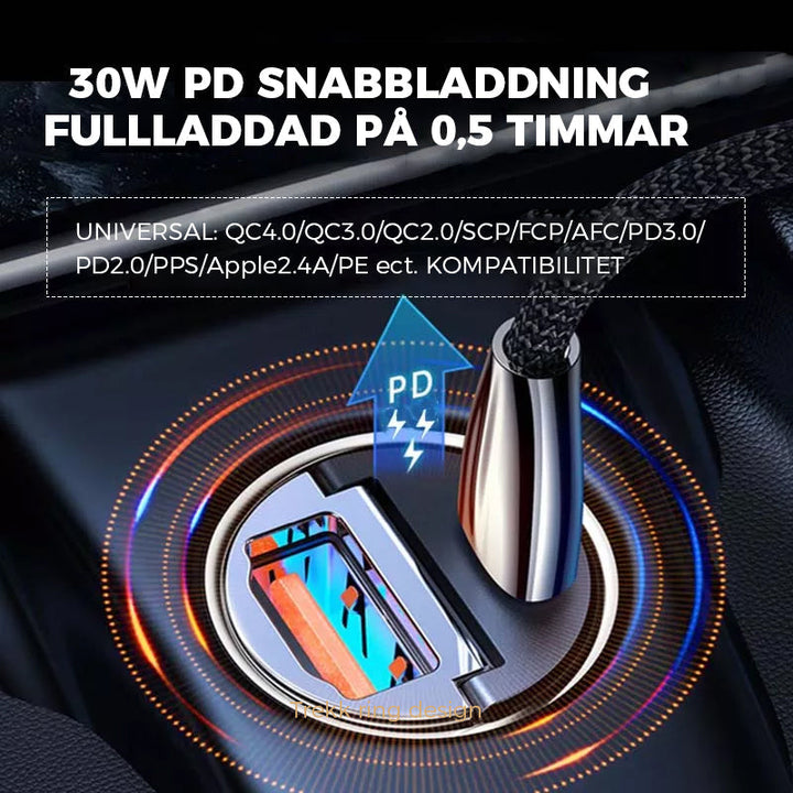 "Mini biladapter zinklegering, dubbel USB-port, snabbladdning, diskret design, passar de flesta enheter i bilen."