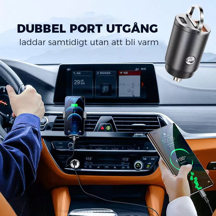 "Mini biladapter zinklegering, dubbel USB-port, snabbladdning, diskret design, passar de flesta enheter i bilen."
