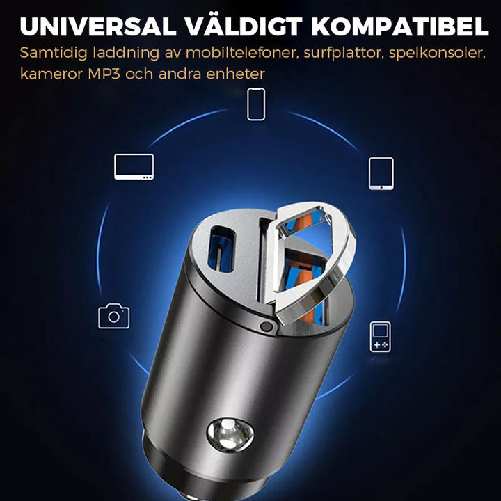 "Mini biladapter zinklegering, dubbel USB-port, snabbladdning, diskret design, passar de flesta enheter i bilen."