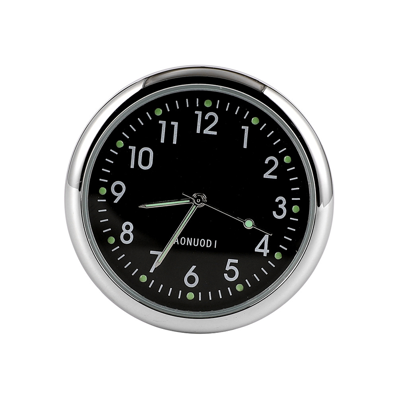"Mini bilklocka med lysande digital display, rund metall, svart och vit färg, perfekt för stil och funktion i bilen."