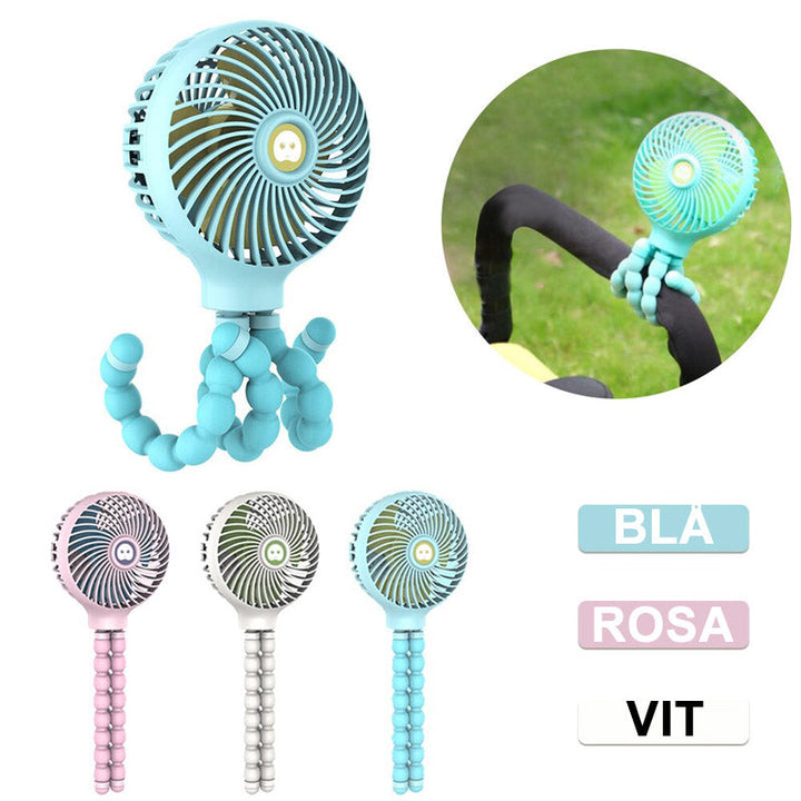 "Mini Flexibel Handfläkt med böjbara armar, rosa, blå, vit; kompakt resedesign för sommarens svalka, starkt luftflöde."
