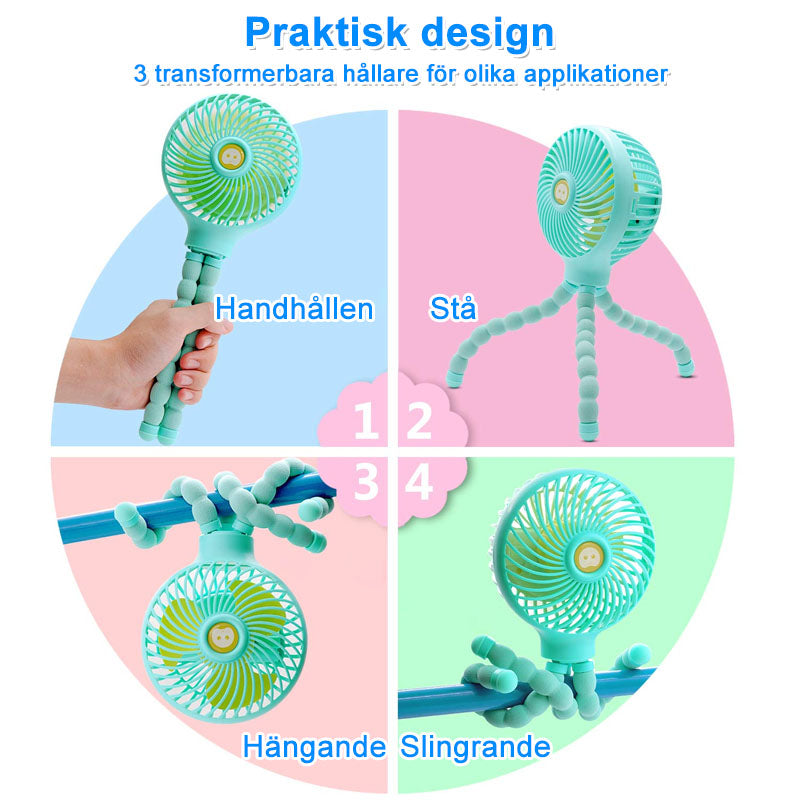 "Mini Flexibel Handfläkt med böjbara armar, rosa, blå, vit; kompakt resedesign för sommarens svalka, starkt luftflöde."