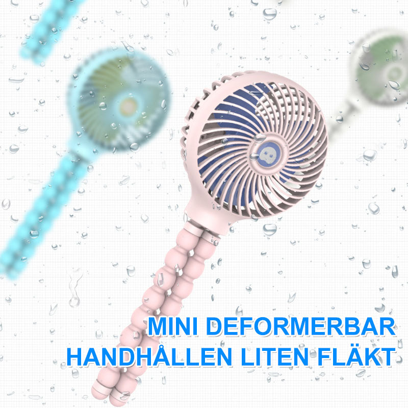 "Mini Flexibel Handfläkt med böjbara armar, rosa, blå, vit; kompakt resedesign för sommarens svalka, starkt luftflöde."