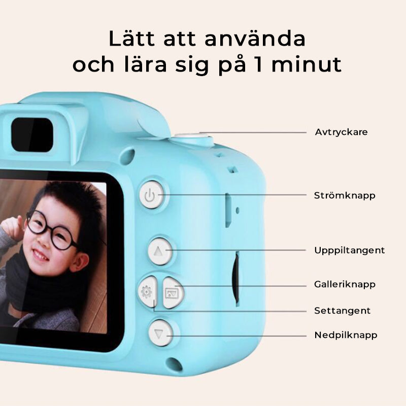 Mini HD digitalkamera för barn i ljusa färger med roliga fotoeffekter, perfekt för kreativa och lekfulla ögonblick.