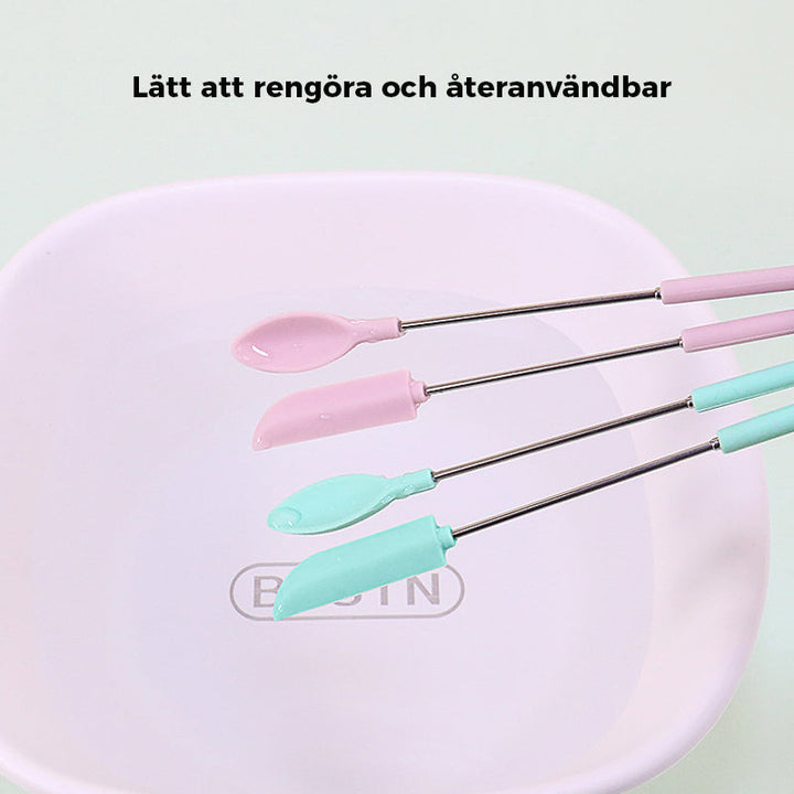 "Mini teleskopisk silikonspatel för kök, justerbar längd, ergonomiskt handtag, silikon och rostfritt stål, flerfärgad."