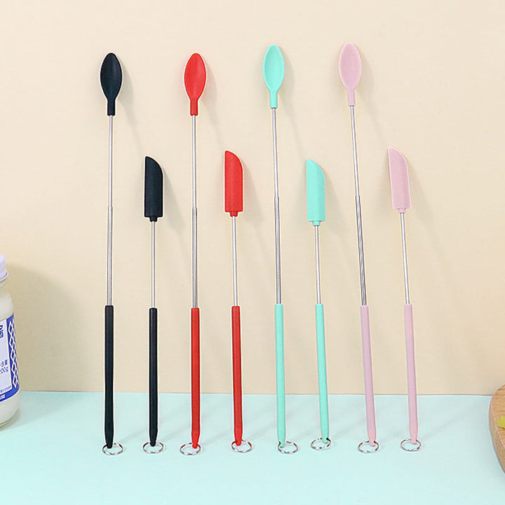"Mini teleskopisk silikonspatel för kök, justerbar längd, ergonomiskt handtag, silikon och rostfritt stål, flerfärgad."