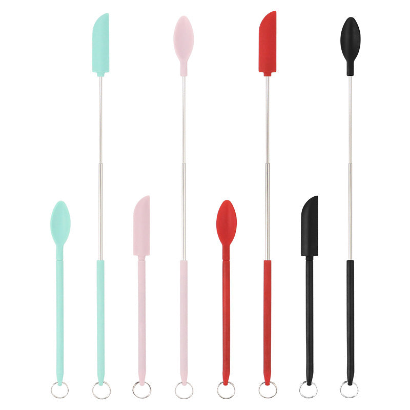 "Mini teleskopisk silikonspatel för kök, justerbar längd, ergonomiskt handtag, silikon och rostfritt stål, flerfärgad."