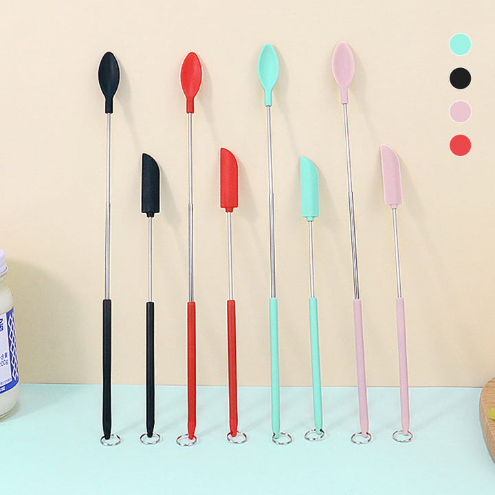 "Mini teleskopisk silikonspatel för kök, justerbar längd, ergonomiskt handtag, silikon och rostfritt stål, flerfärgad."