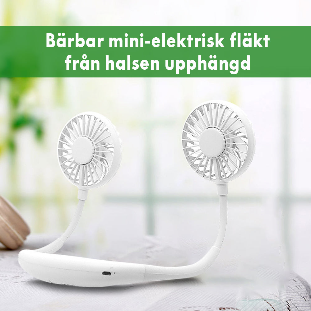 "Mini uppladdningsbar halsfläkt med justerbara hastigheter, bärs runt halsen, finns i mångfärgsval för sval komfort."