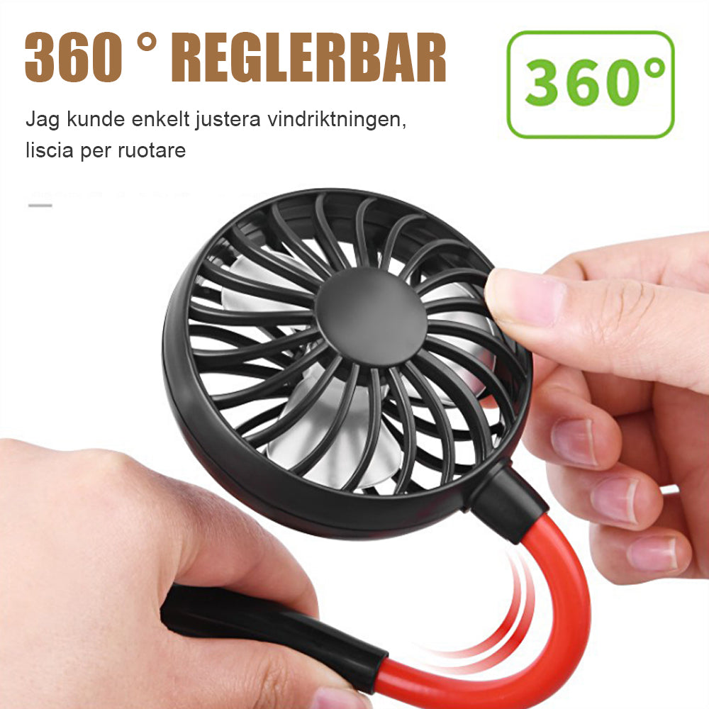 "Mini uppladdningsbar halsfläkt med justerbara hastigheter, bärs runt halsen, finns i mångfärgsval för sval komfort."