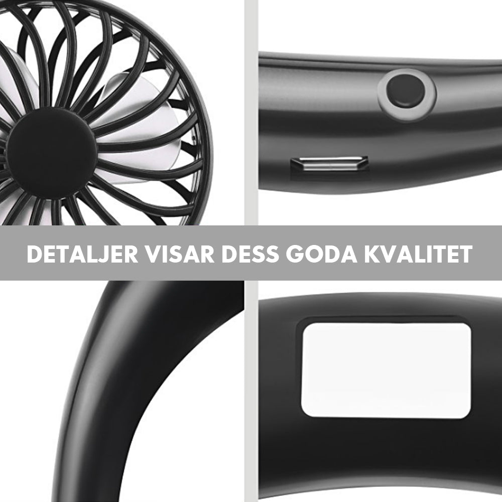 "Mini uppladdningsbar halsfläkt med justerbara hastigheter, bärs runt halsen, finns i mångfärgsval för sval komfort."