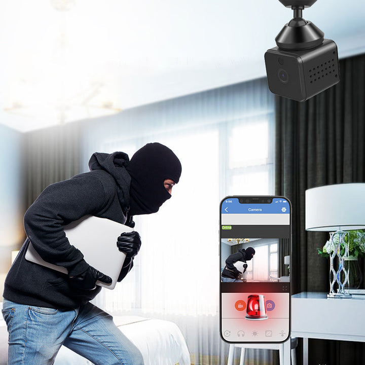 "Mini WiFi spionkamera med HD, nattseende, kompakt svart design, smälter in diskret, för hem- och husdjursövervakning."