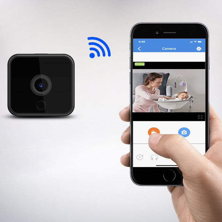 "Mini WiFi spionkamera med HD, nattseende, kompakt svart design, smälter in diskret, för hem- och husdjursövervakning."
