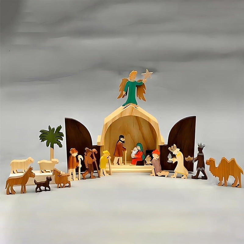 "Minimalistisk handgjord träkrubba, modern juldekoration med mångsidiga figurer och elegant design, perfekt för hemmet."