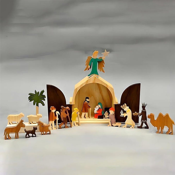 "Minimalistisk handgjord träkrubba, modern juldekoration med mångsidiga figurer och elegant design, perfekt för hemmet."