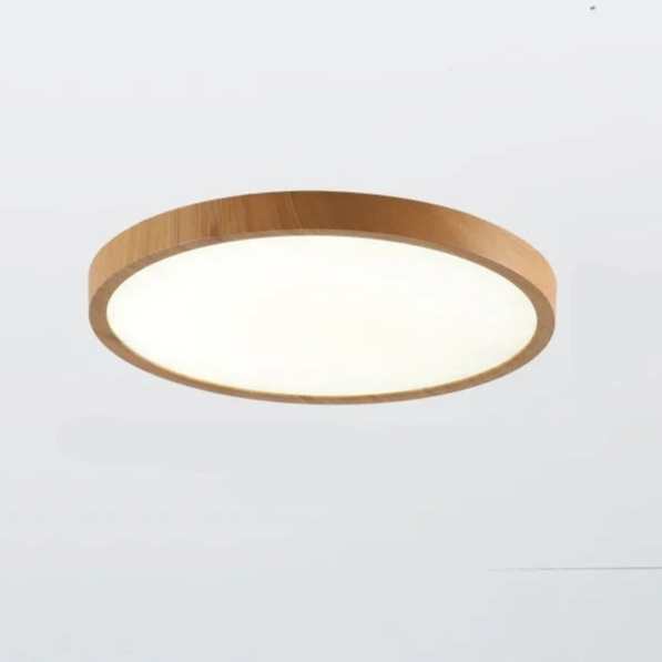 Vit, rund minimalistisk taklampa med LED-teknik. En modern inredningsdetalj som sparar energi.