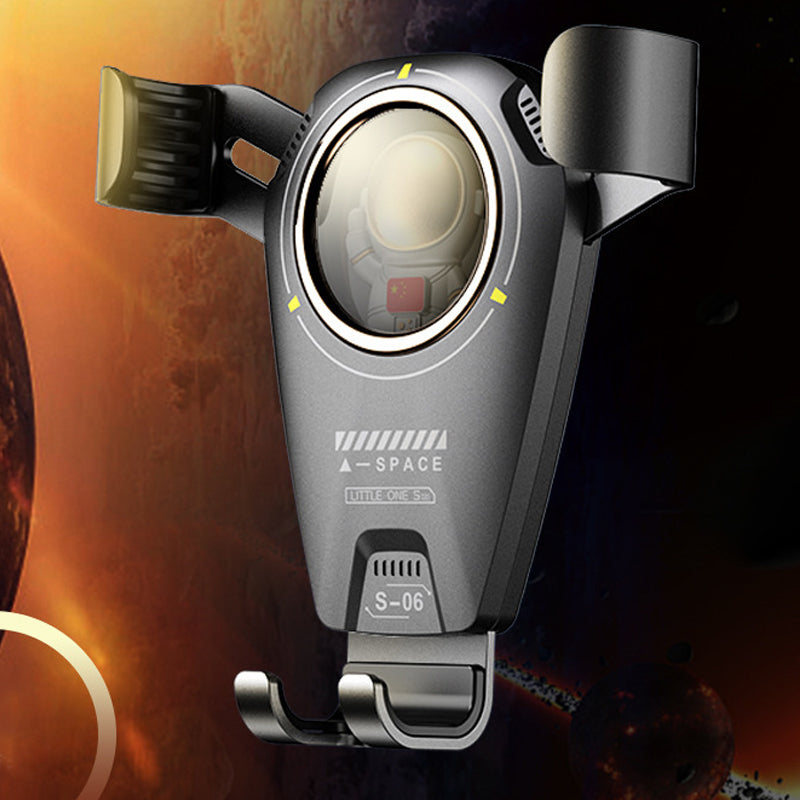 "Minimalistiskt astronaut mobilfäste i svart/vit, anpassat för bilinteriör, säkert och lätt med gravitationsdesign."