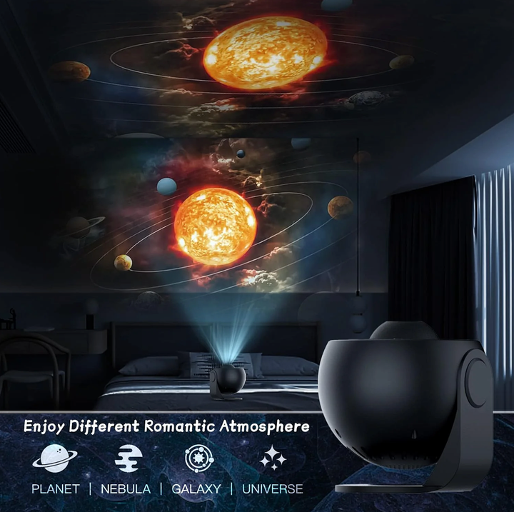 Galaxprojektor visar dynamisk rymdlampa med nebulosor och stjärnor på taket. En fantastisk atmosfärslampa.
