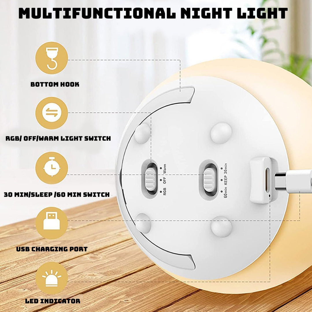 Modern silikonlampa med RGB-funktion, USB-laddning och dimbart ögonvänligt ljus för barnrum.