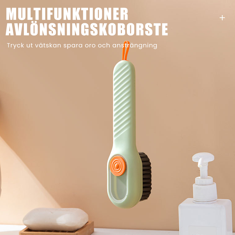 "Mjuk hushållsrengöringsborste med inbyggd vätskedispensör, idealisk för effektiv och skonsam rengöring av kläder och skor."