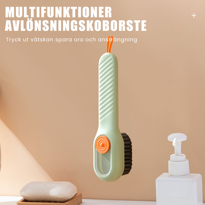 "Mjuk hushållsrengöringsborste med inbyggd vätskedispensör, idealisk för effektiv och skonsam rengöring av kläder och skor."