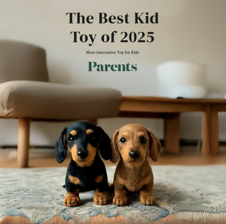 Bedårande mjuk interaktiv tax (dachshund) plysch. Ger emotionellt stöd och stressavlastning med MindHaven.