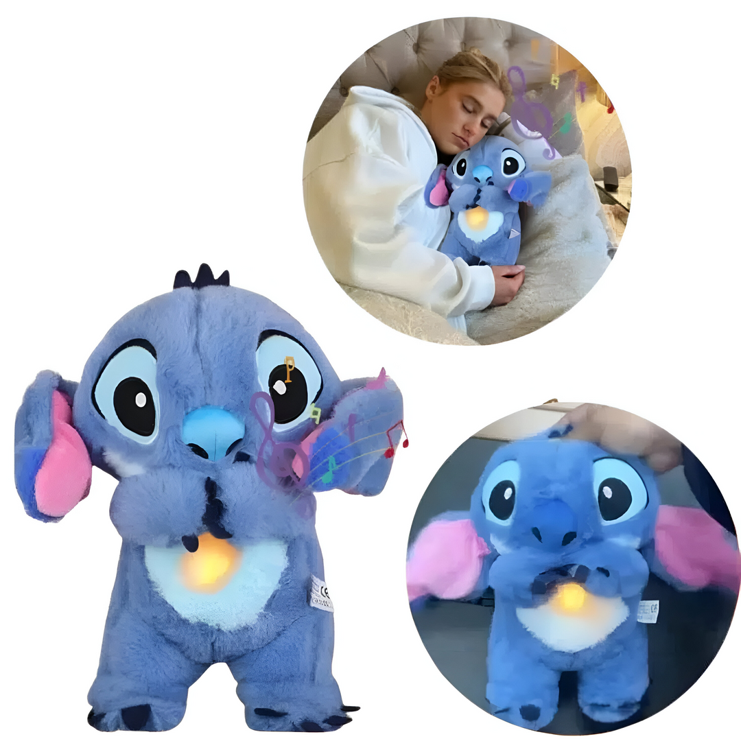 Liggande Stitch plysch gosedjur, andningsbar, perfekt som sömnstöd och mysig vän för barn.