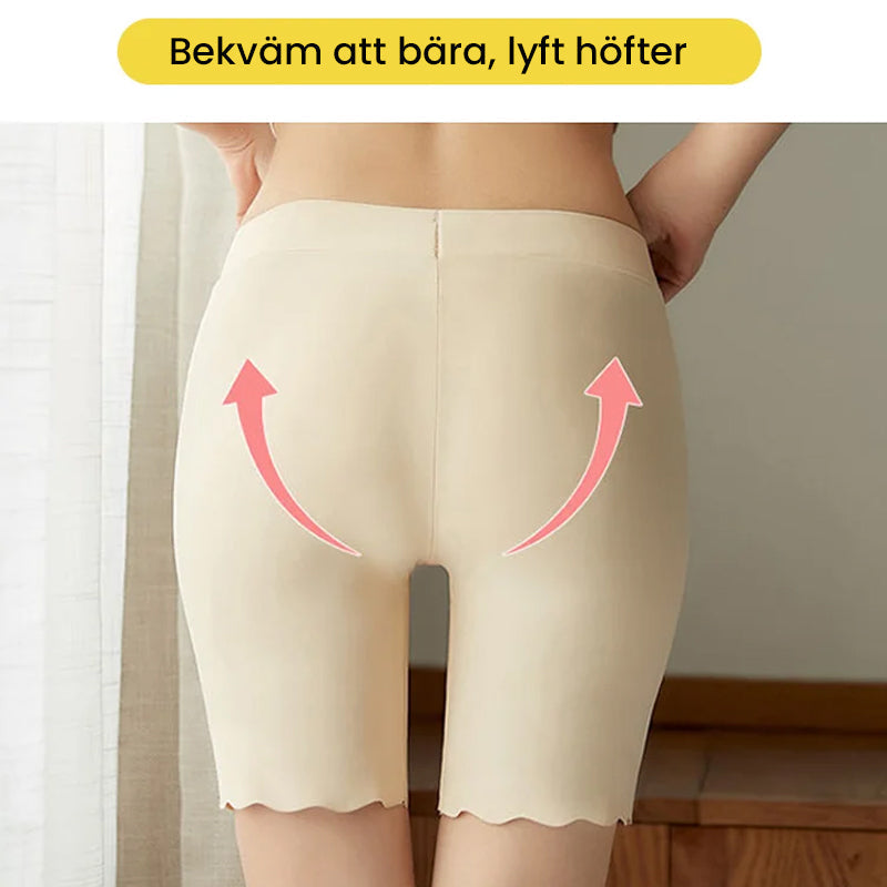 "Mjuka andas säkerhetsbyxor för kvinnor i elastiskt issilke, med vågiga manschetter och höftlyftande design."