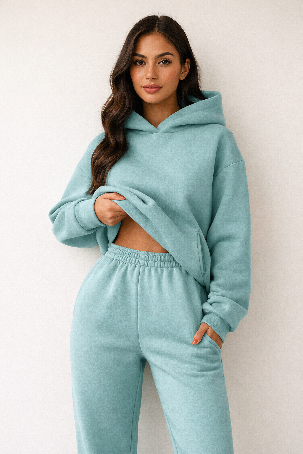 Tvådelat mysklädeset med huva, perfekt för en bekväm och stilren look.