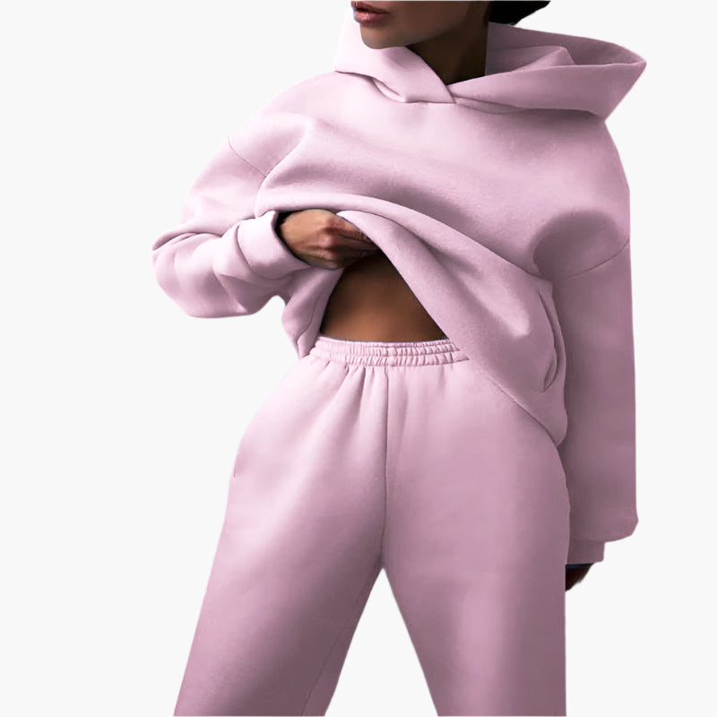 Helt set i oversize design: damhoodie med huva och matchande joggingbyxor i bomull, bekväma myskläder.