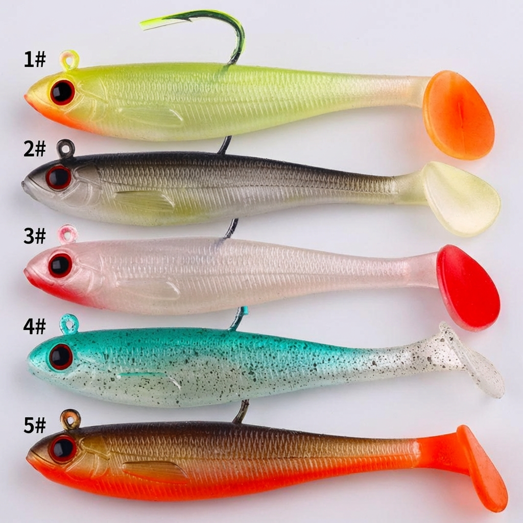 Mjukt swimbait med blyat jigghuvud, ett realistiskt fiskedrag designat för gädda och abborre. Lockar rovfisk.