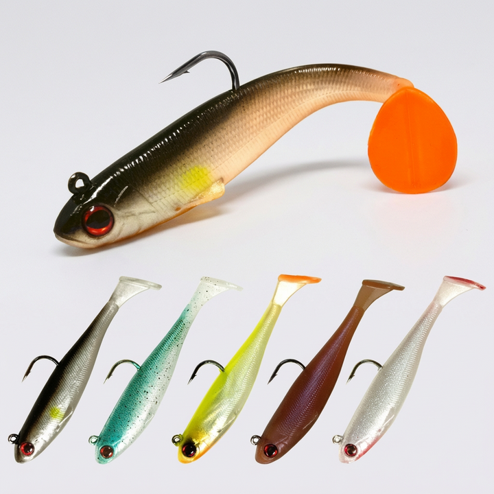 Komplett fiskebete, mjukt swimbait med blyjigghuvud. Perfekt för både gädda och abborre i olika vatten.