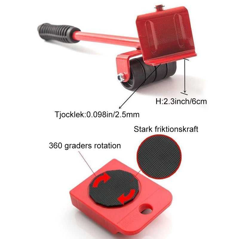 "Möbelflyttarsats med ergonomiskt handtag och vridbara hjul, idealisk för enkel förflyttning av tunga möbler i hem."