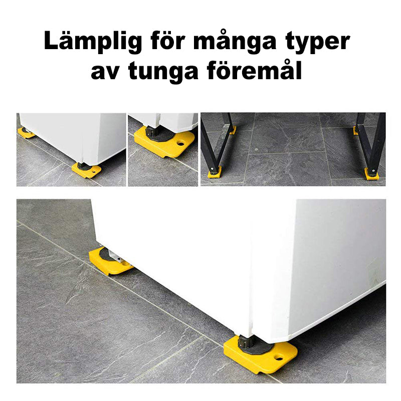 "Möbelflyttarsats med ergonomiskt handtag och vridbara hjul, idealisk för enkel förflyttning av tunga möbler i hem."