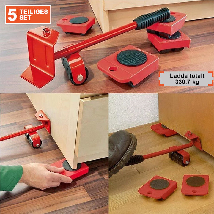 "Möbelflyttarsats med ergonomiskt handtag och vridbara hjul, idealisk för enkel förflyttning av tunga möbler i hem."