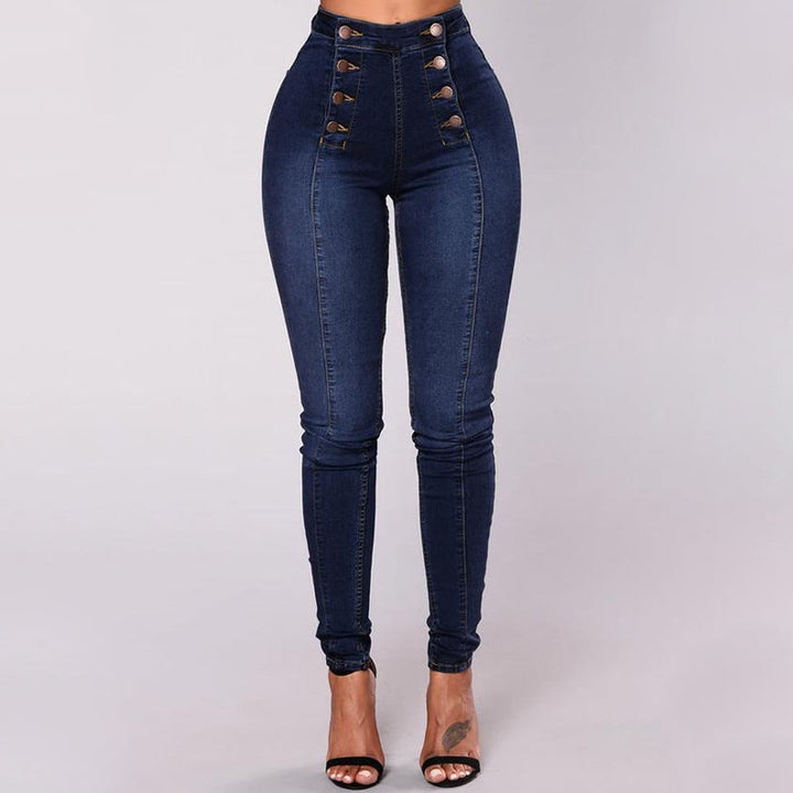 "Moderiktiga dubbelknäppta skinny-jeans med hög midja för kvinnor, sett framifrån, erbjuder stil och komfort."