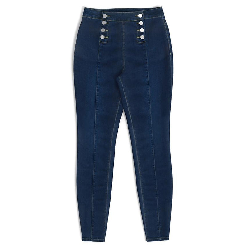 "Moderiktiga dubbelknäppta skinny-jeans med hög midja för kvinnor, sett framifrån, erbjuder stil och komfort."