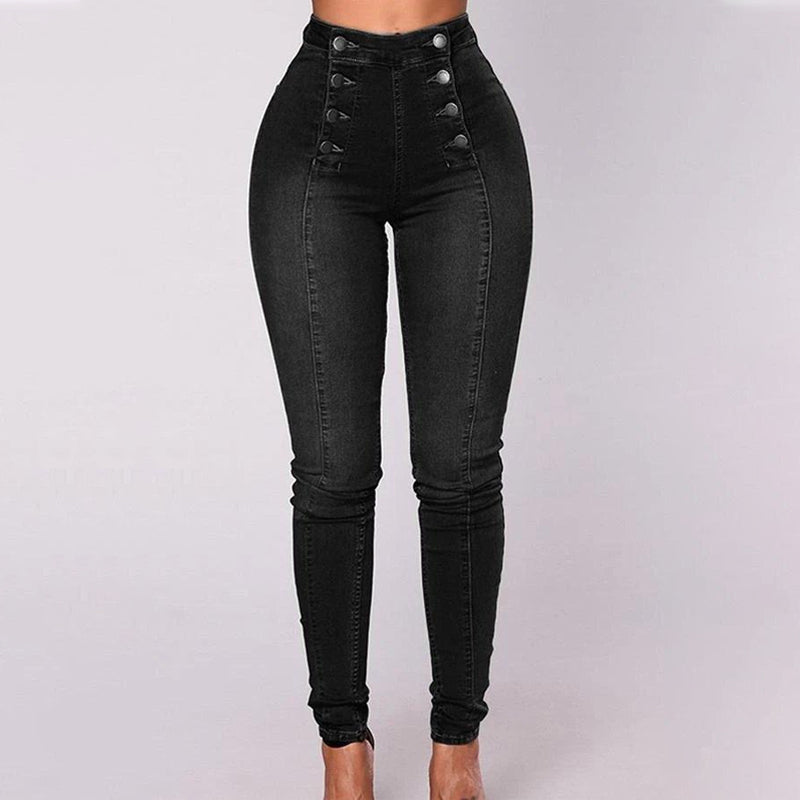 "Moderiktiga dubbelknäppta skinny-jeans med hög midja för kvinnor, sett framifrån, erbjuder stil och komfort."