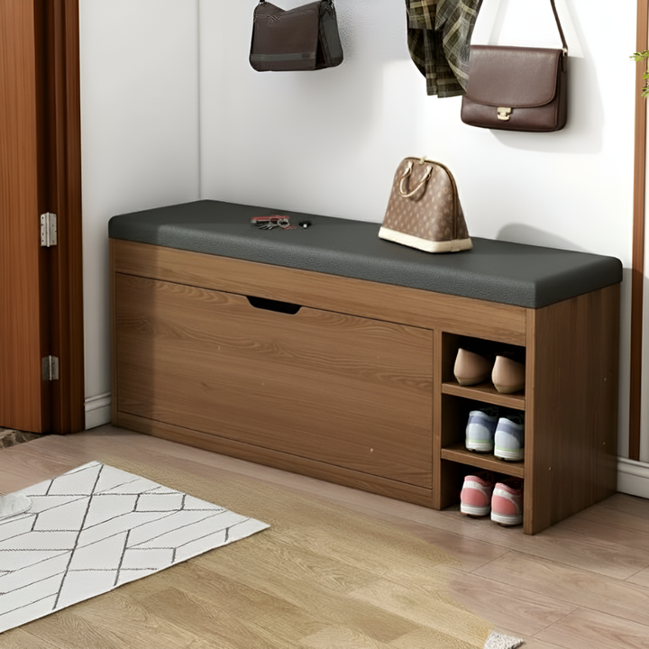 Smart 3-i-1 skoförvaring med bänk. Perfekt för entrén, erbjuder sittplats och ordnad förvaring av skor.