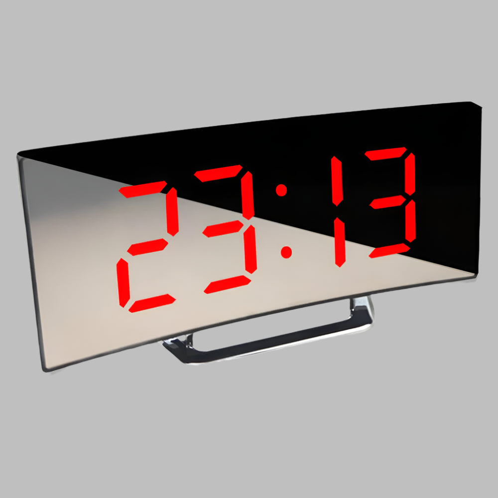 Modern böjd LED-väckarklocka med digital display & snooze. Perfekt för sovrum eller skrivbord, i minimalistisk design.