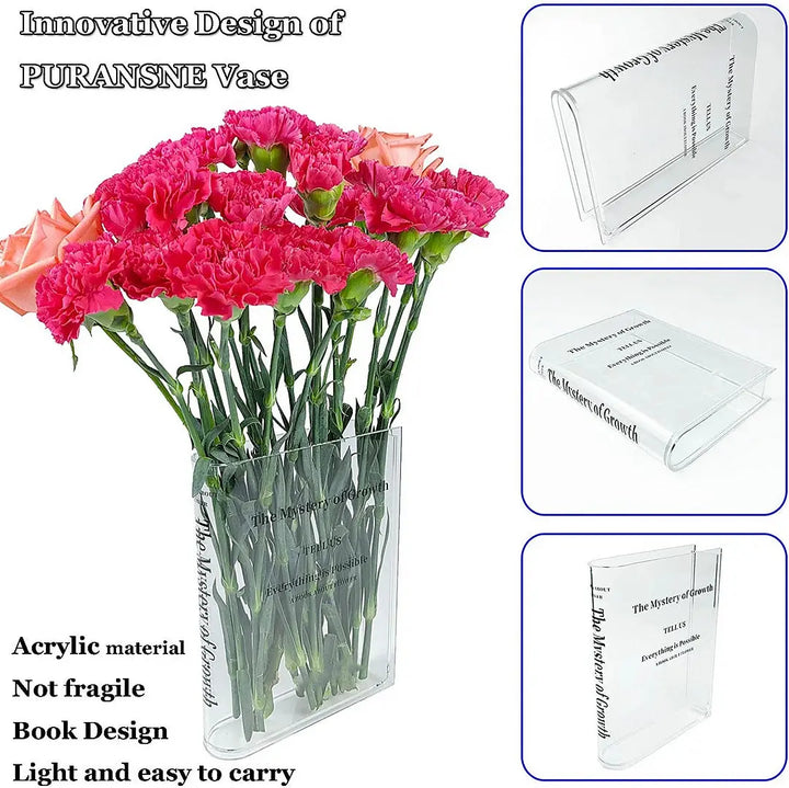 Modern akrylvas med bokdesign. Funktionell blomvas och dekorativ inredning.