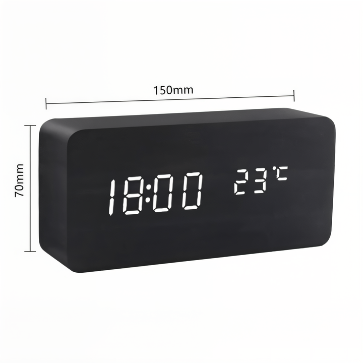 Svart LED-väckarklocka med ljudkontrollfunktion. Modern digital klocka för smarta hem.