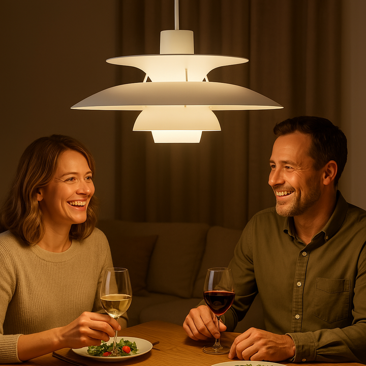 Modern dimbar rund LED-taklampa för stilfull hembelysning i vardagsrummet.