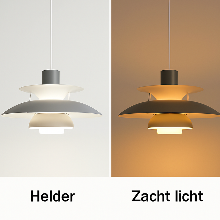 Stilren rund taklampa med LED, dimbar för anpassad belysning i matsal och vardagsrum.