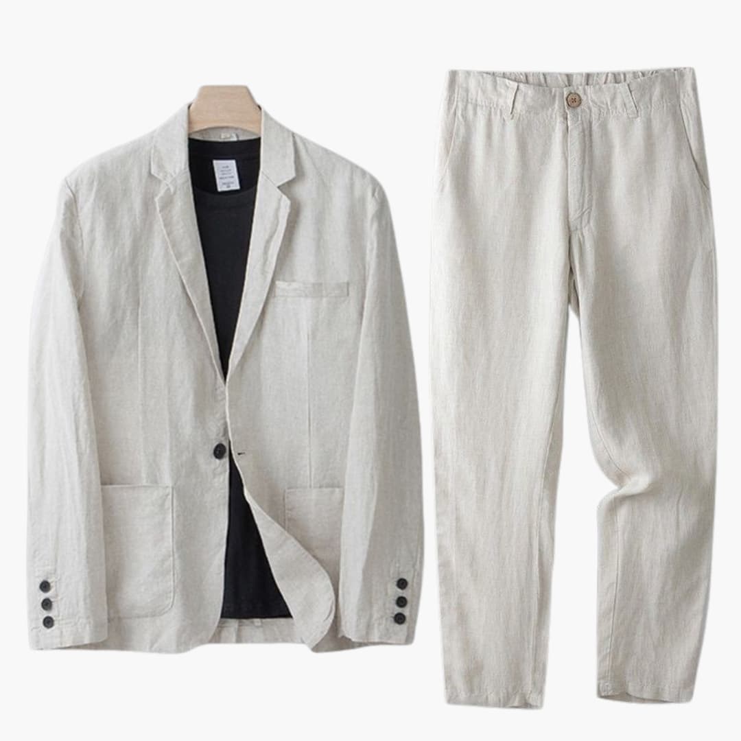 Modern herrdräkt med elegant kavaj och raka byxor. Perfekt för business och fest. Tidlös stil för män.