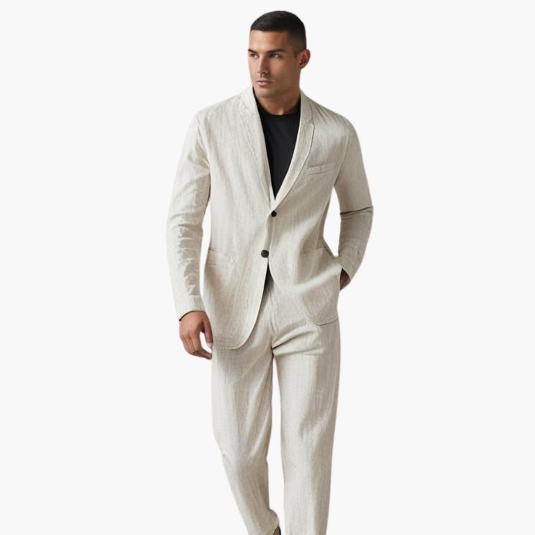 Stilig herrdräkt för festkläder. Modern kavaj och raka byxor skapar en elegant look för speciella tillfällen.
