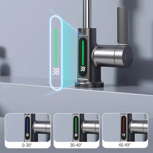 Designad badrumskran, 360° vridbar, med inbyggd display för temperatur. Stilren uppgradering.