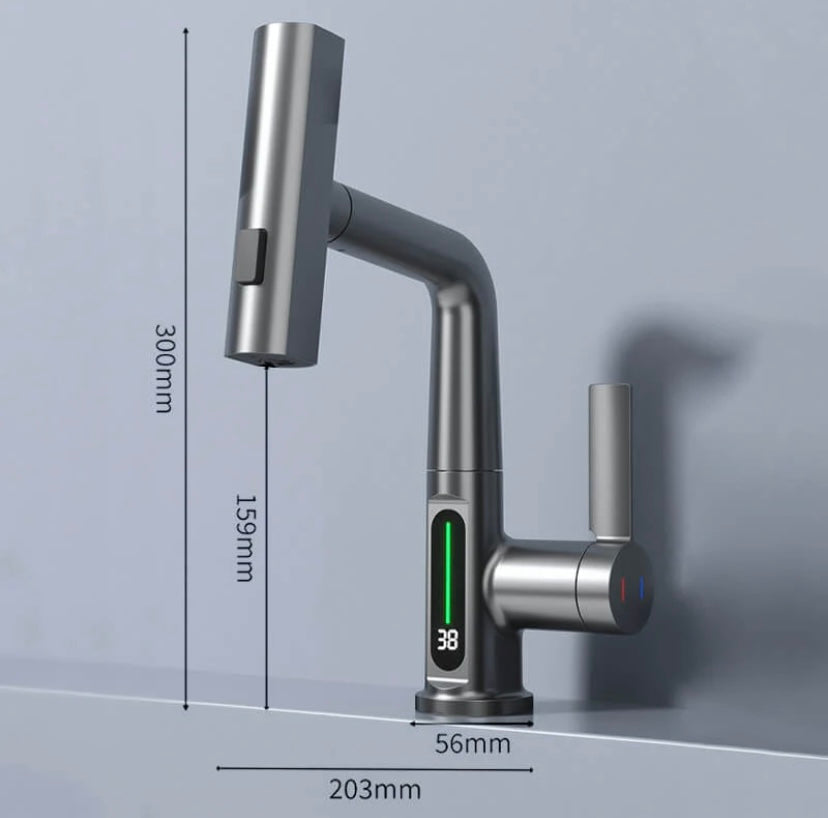 Innovativ badrumskran med utdragbar funktion & display, 360° rotation. Modern design.