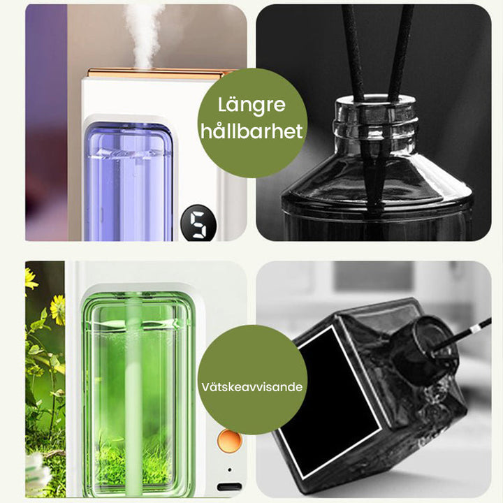 "Modern, kompakt automatisk aromaterapidiffusor, vit och stilren, för optimal doftspridning och lugn atmosfär."